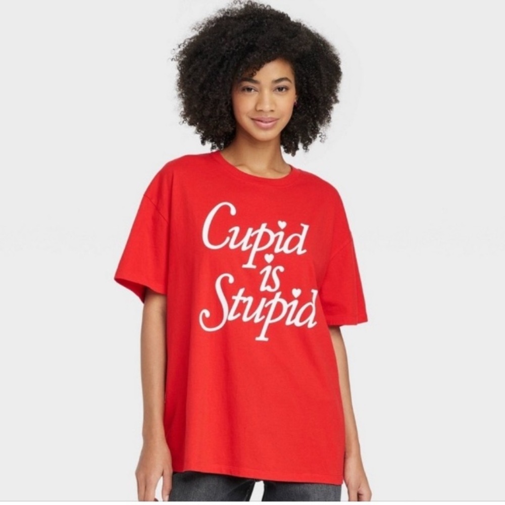 New! Mighty Fine Oversized "Cupid is Stupid" Valentine Boyfriend Tee Shirt